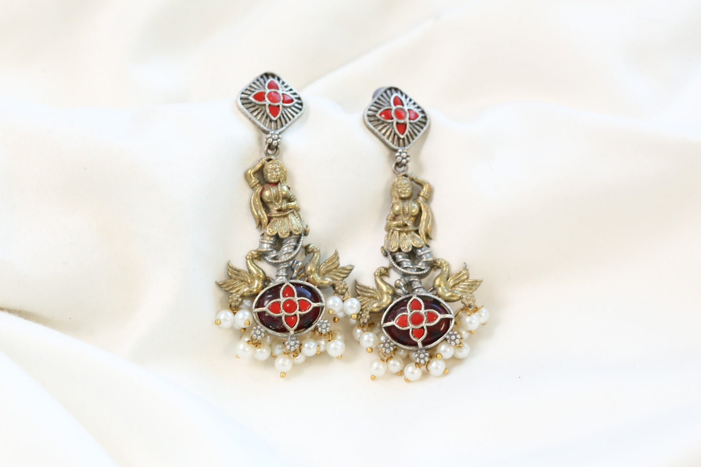 Dancing Girl Fusion Kundan Earrings - Coral