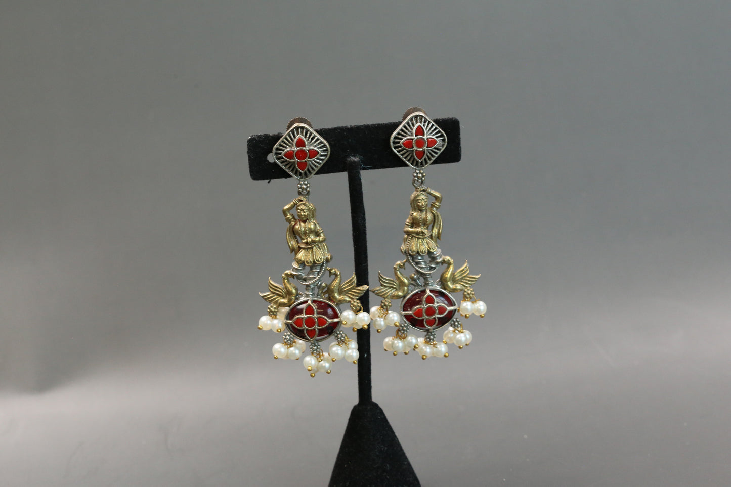 Dancing Girl Fusion Kundan Earrings - Coral