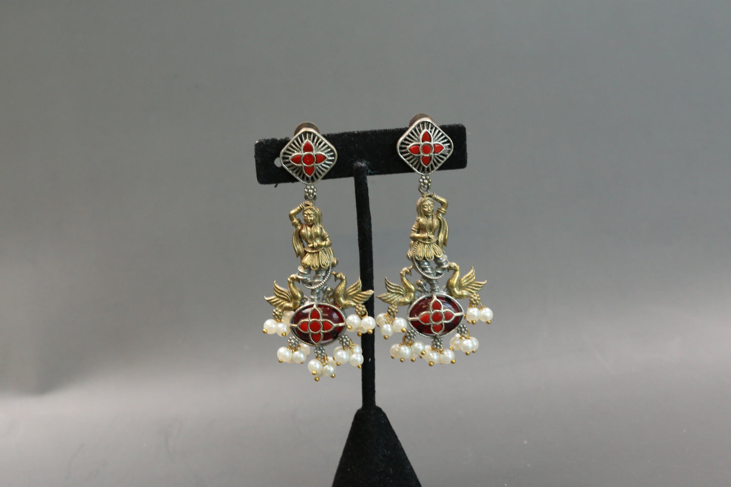 Dancing Girl Fusion Kundan Earrings - Coral
