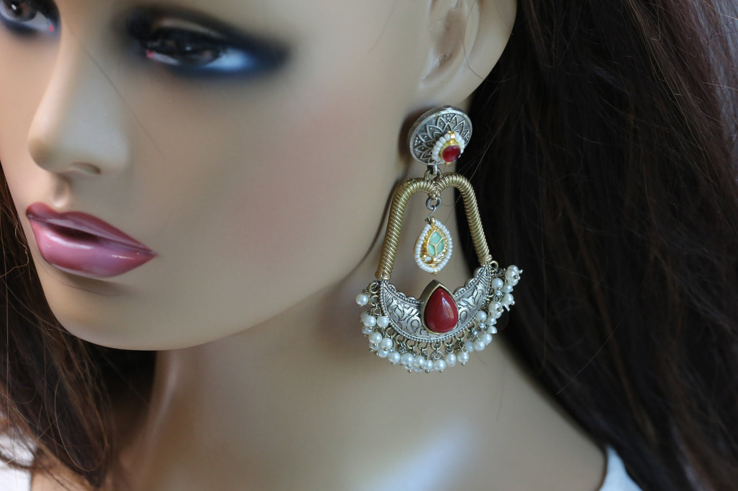 Neha Fusion Kundan Chandbaali - Red