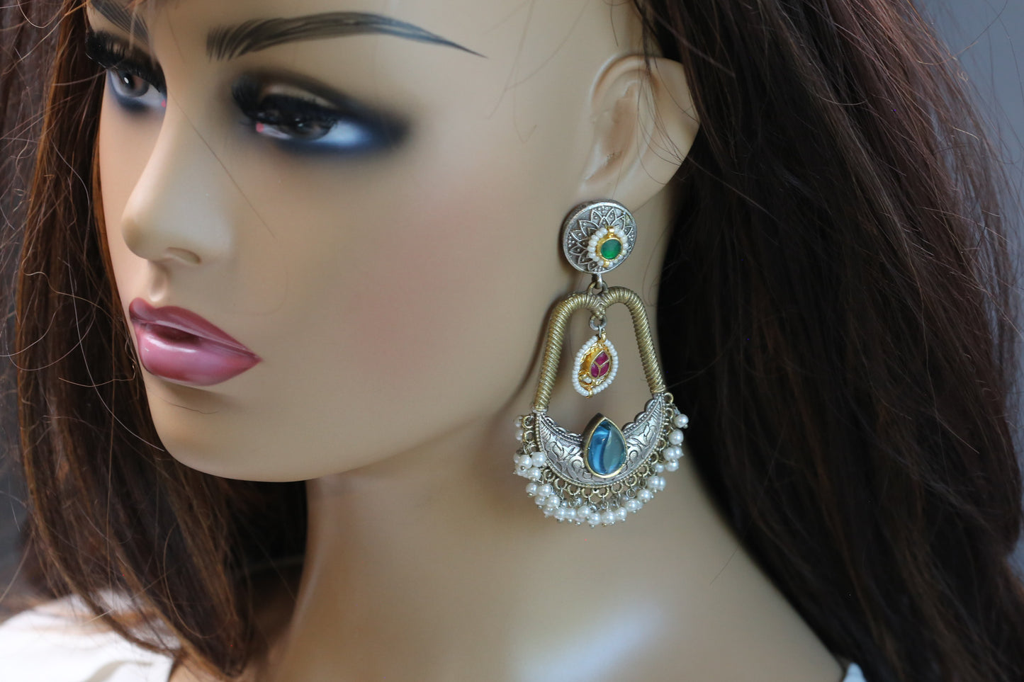 Neha Fusion Kundan Chandbaali - Light Blue
