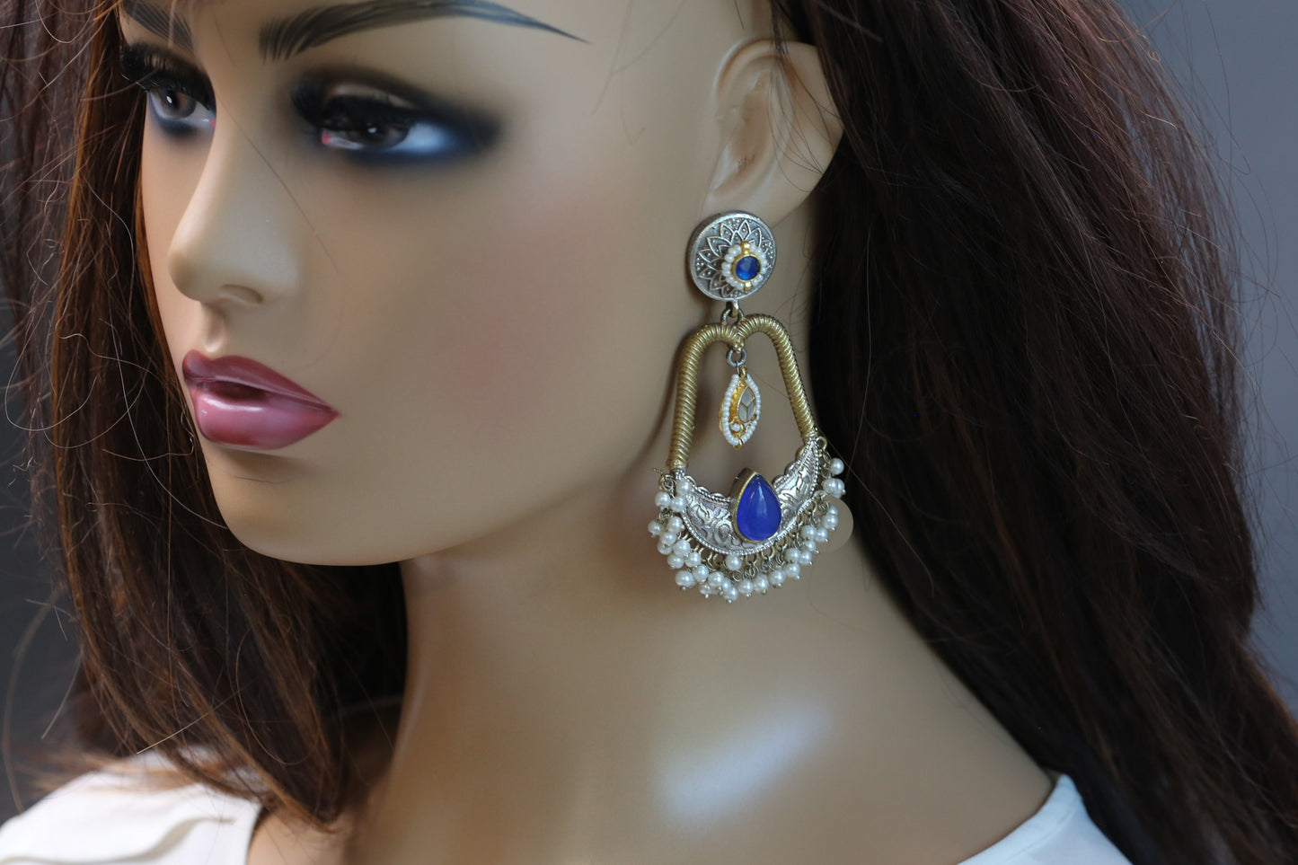 Neha Fusion Kundan Chandbaali - Blue