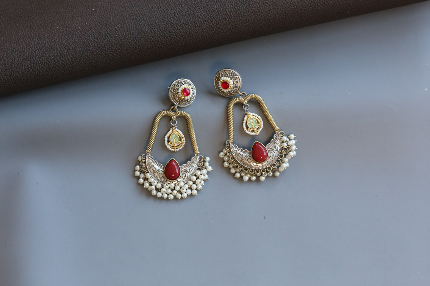 Neha Fusion Kundan Chandbaali - Red