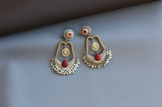 Neha Fusion Kundan Chandbaali - Red