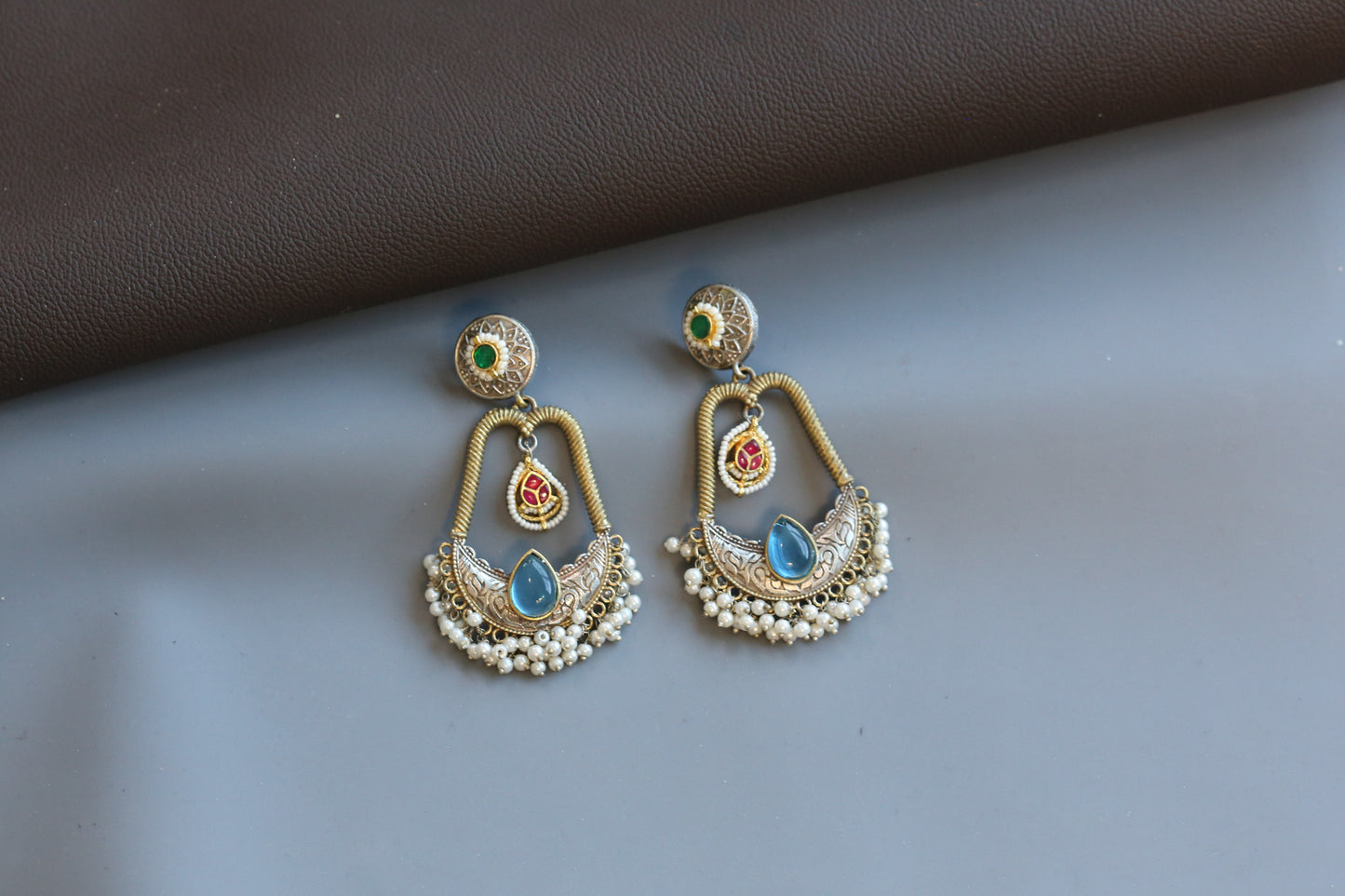 Neha Fusion Kundan Chandbaali - Light Blue