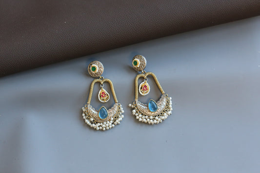 Neha Fusion Kundan Chandbaali - Light Blue