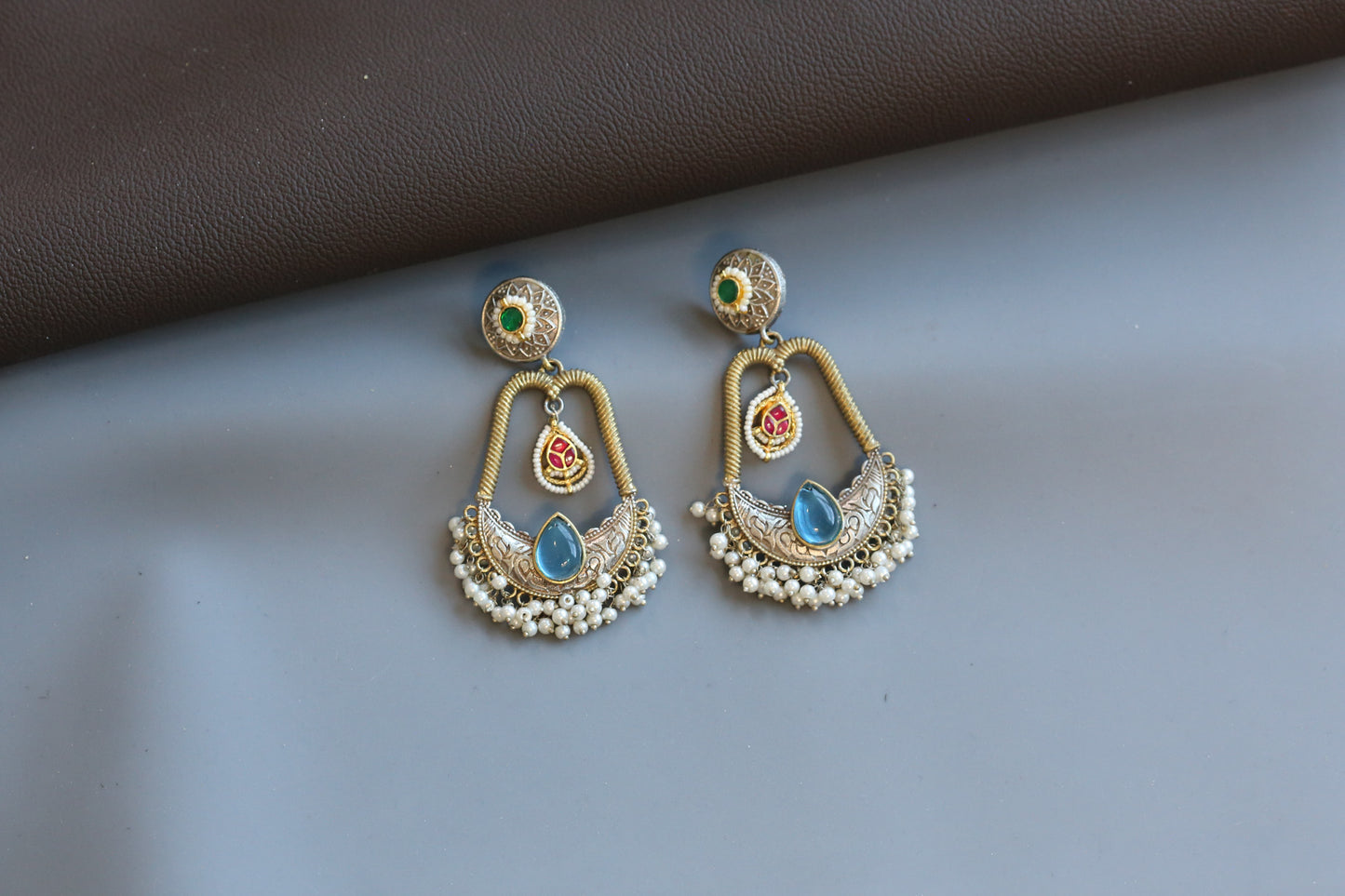 Neha Fusion Kundan Chandbaali - Light Blue