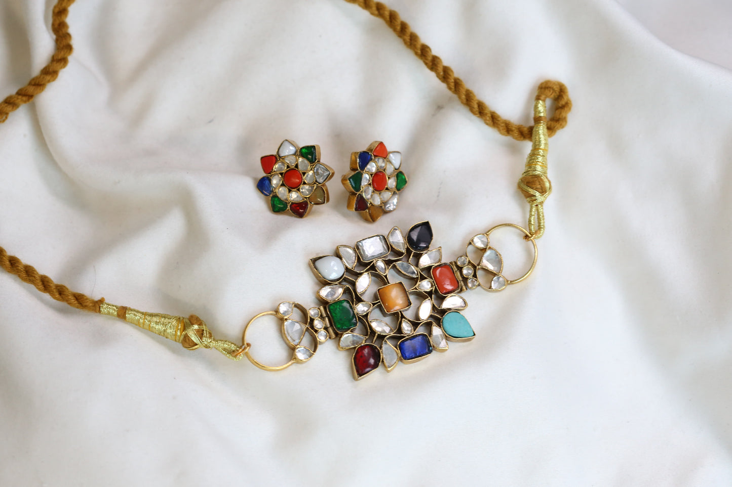925 Silver Navratan Choker Set