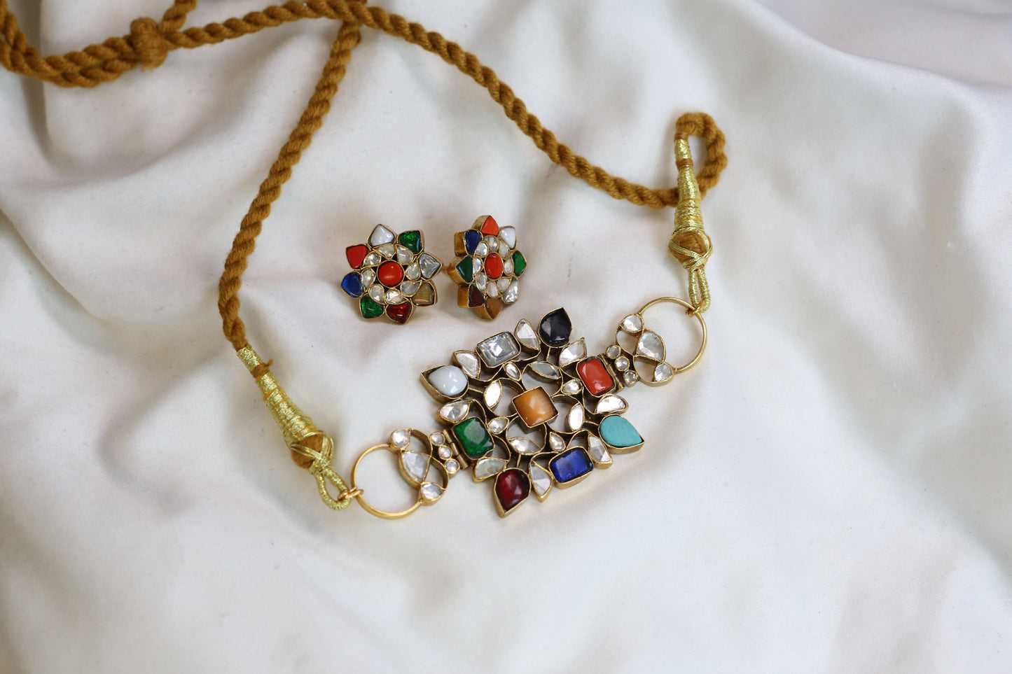 925 Silver Navratan Choker Set