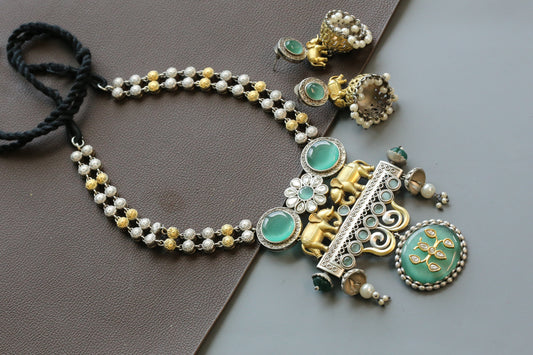 Seerat Silver Look Dual Tone Necklace Set  - Mint
