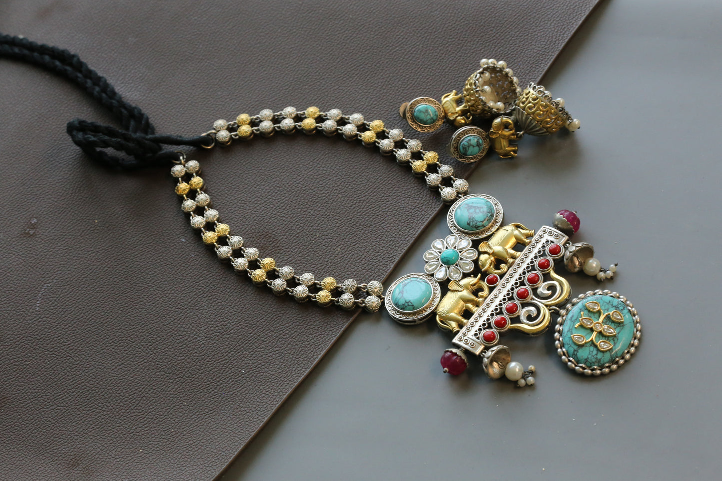 Seerat Silver Look Dual Tone Necklace Set  - Turquoise