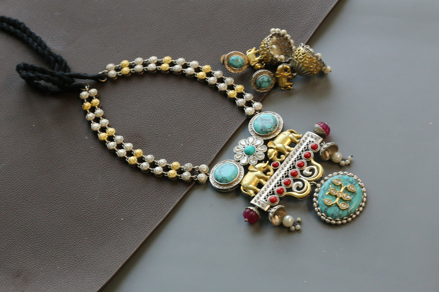 Seerat Silver Look Dual Tone Necklace Set  - Turquoise