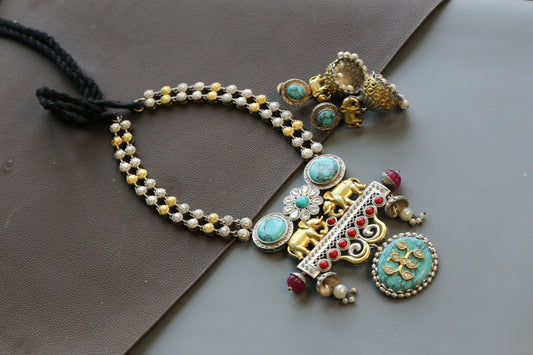 Seerat Silver Look Dual Tone Necklace Set  - Turquoise