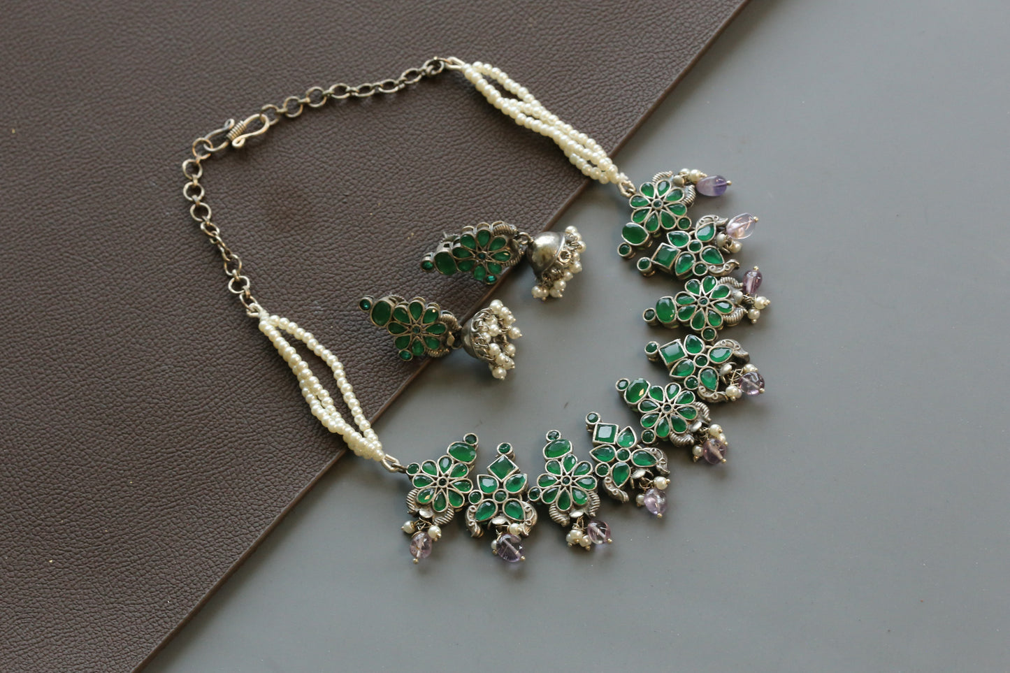 Dhanya Emerald Green Necklace Set - Amethyst Drops