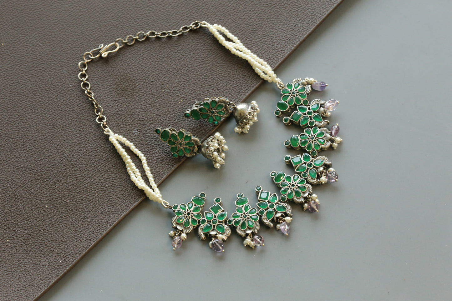 Dhanya Emerald Green Necklace Set - Amethyst Drops