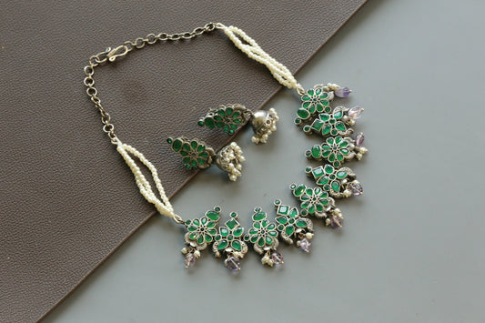 Dhanya Emerald Green Necklace Set - Amethyst Drops