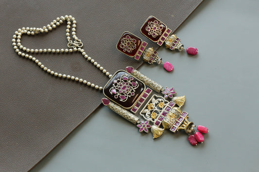 Disha Inlay Work Ruby Pendant Set - Red