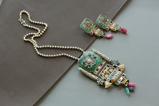 Disha Inlay Work  Pendant Set - Mint