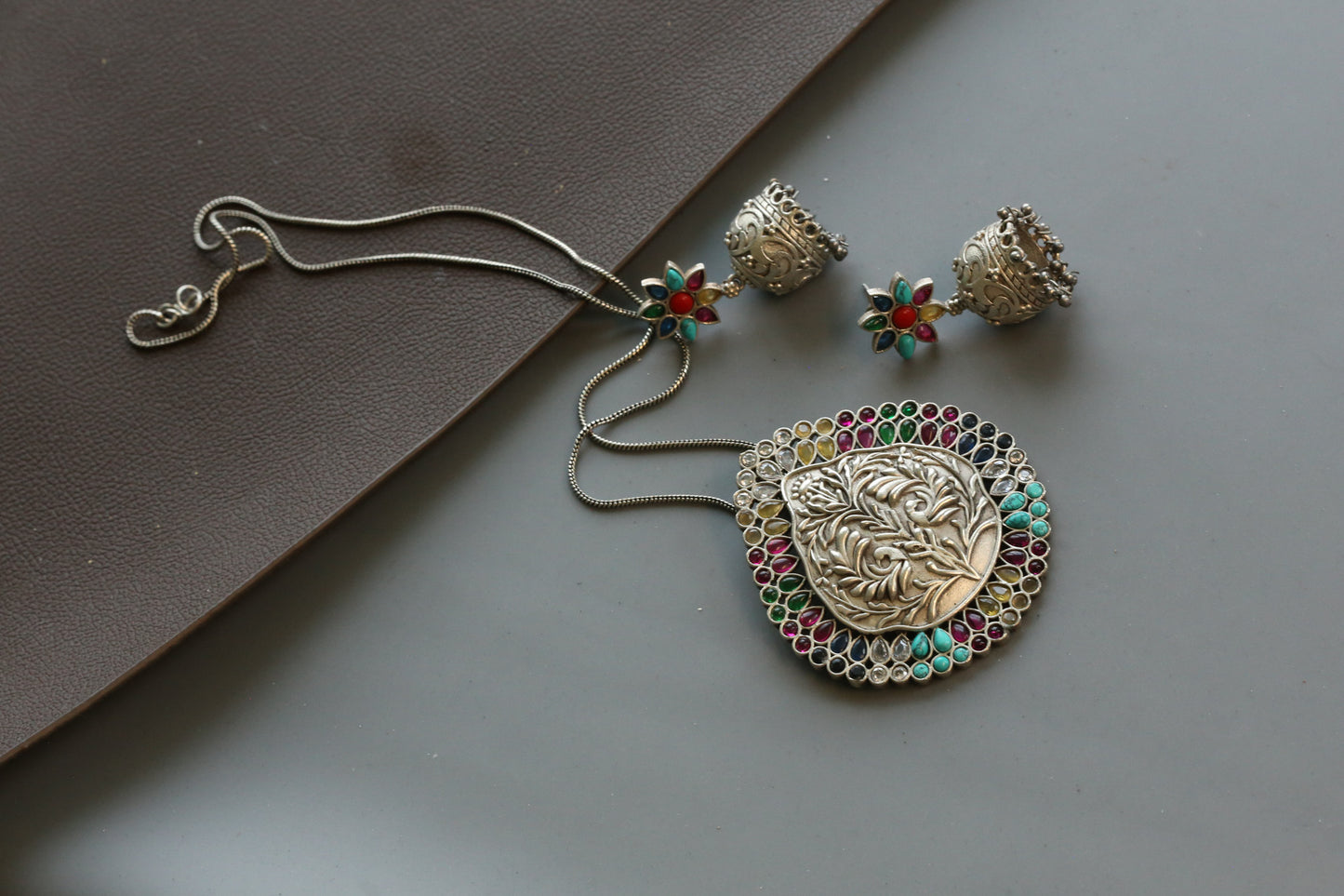Navratna Jhumka Necklace Set - Style 1