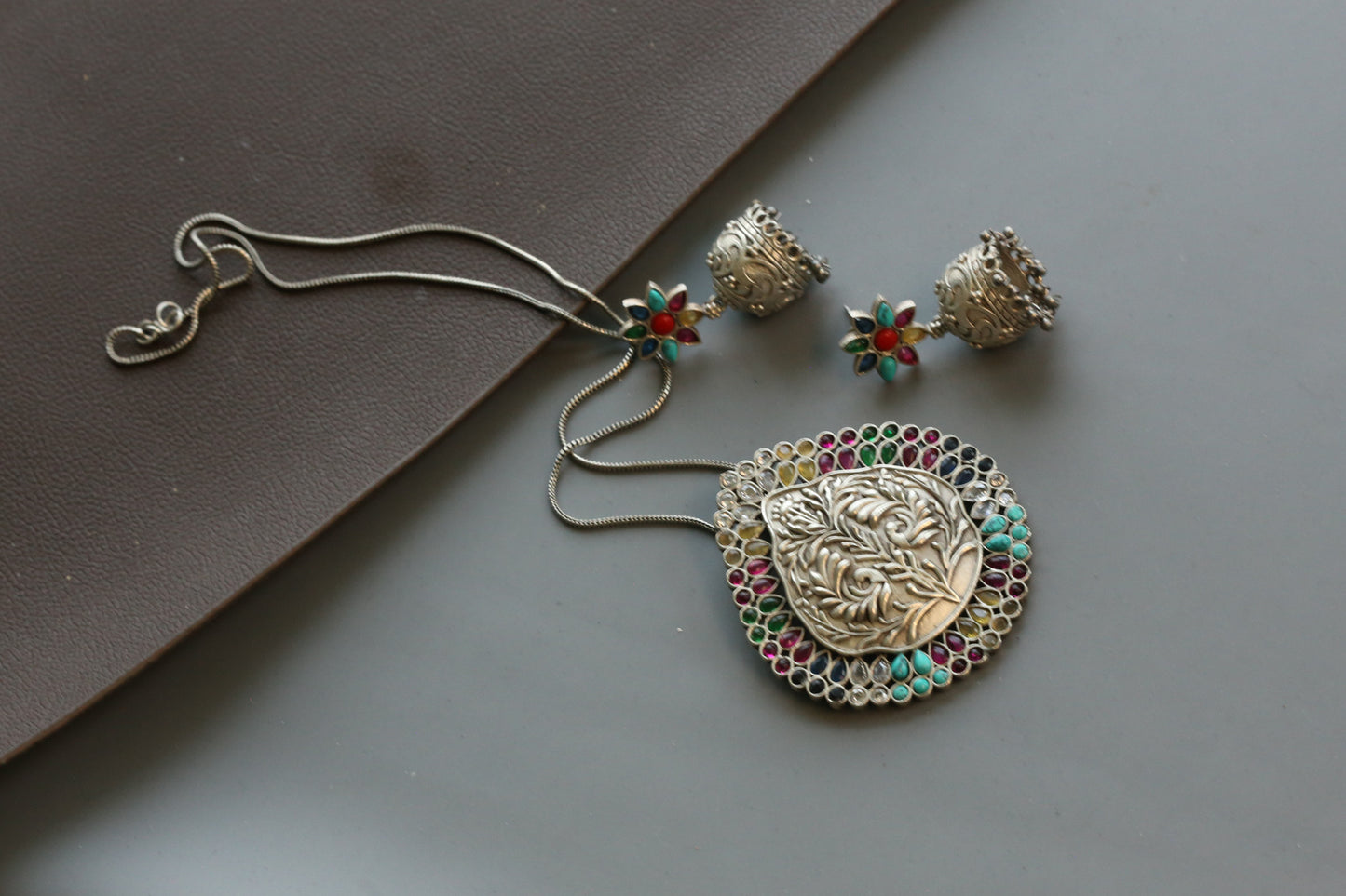 Navratna Jhumka Necklace Set - Style 1