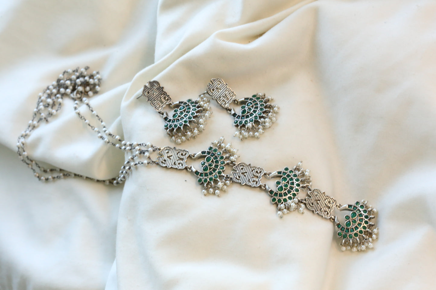 Green Oxidized Pearl Necklace Set