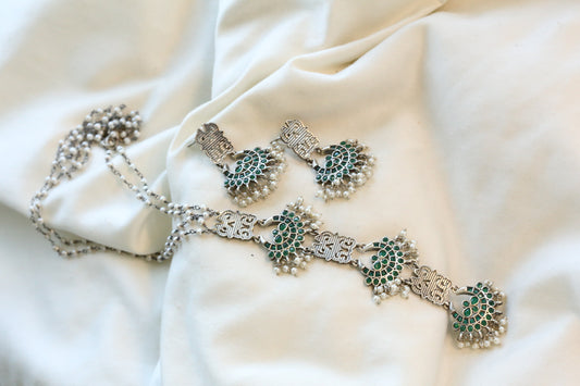 Green Oxidized Pearl Necklace Set