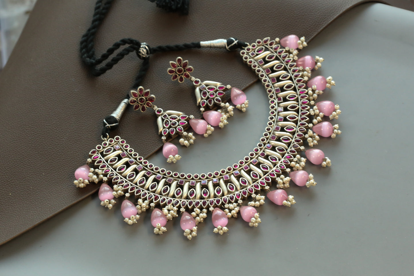 Red Kemp Silver Look Oxidized  Necklace Set