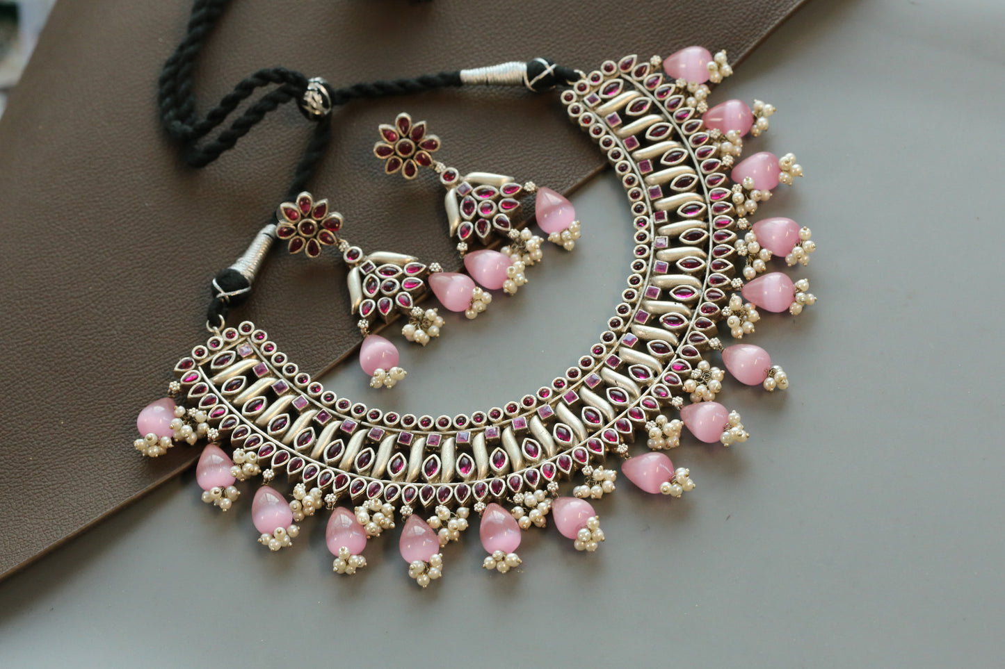 Red Kemp Silver Look Oxidized  Necklace Set