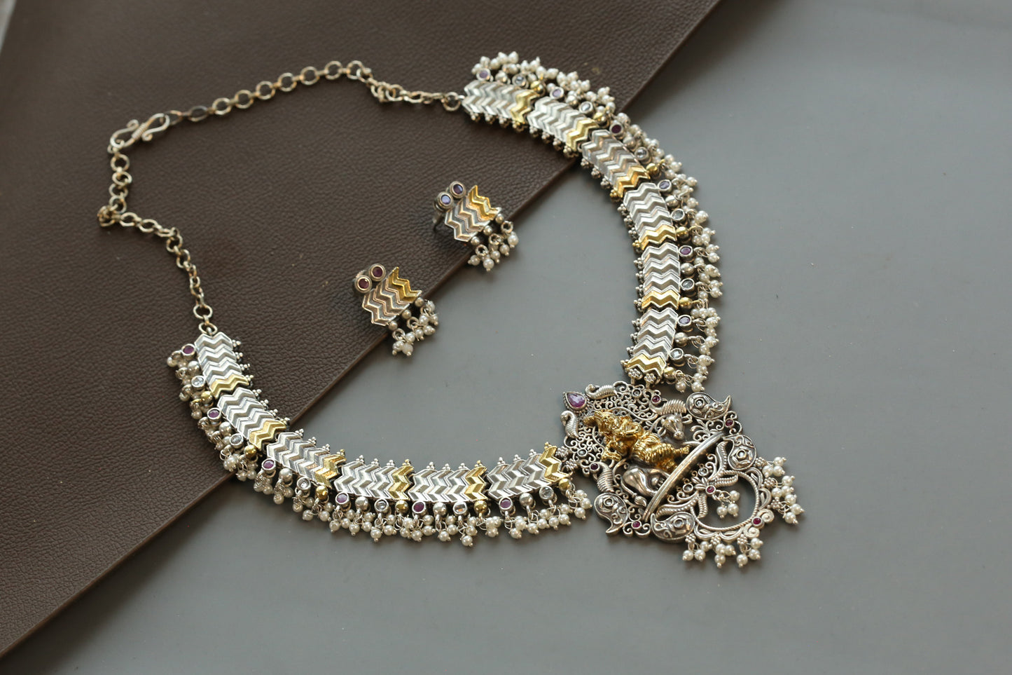 Shri Krishna Dual Tone Necklace Set - Ruby