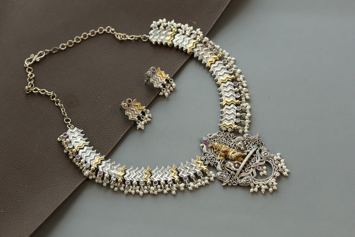 Shri Krishna Dual Tone Necklace Set - Ruby