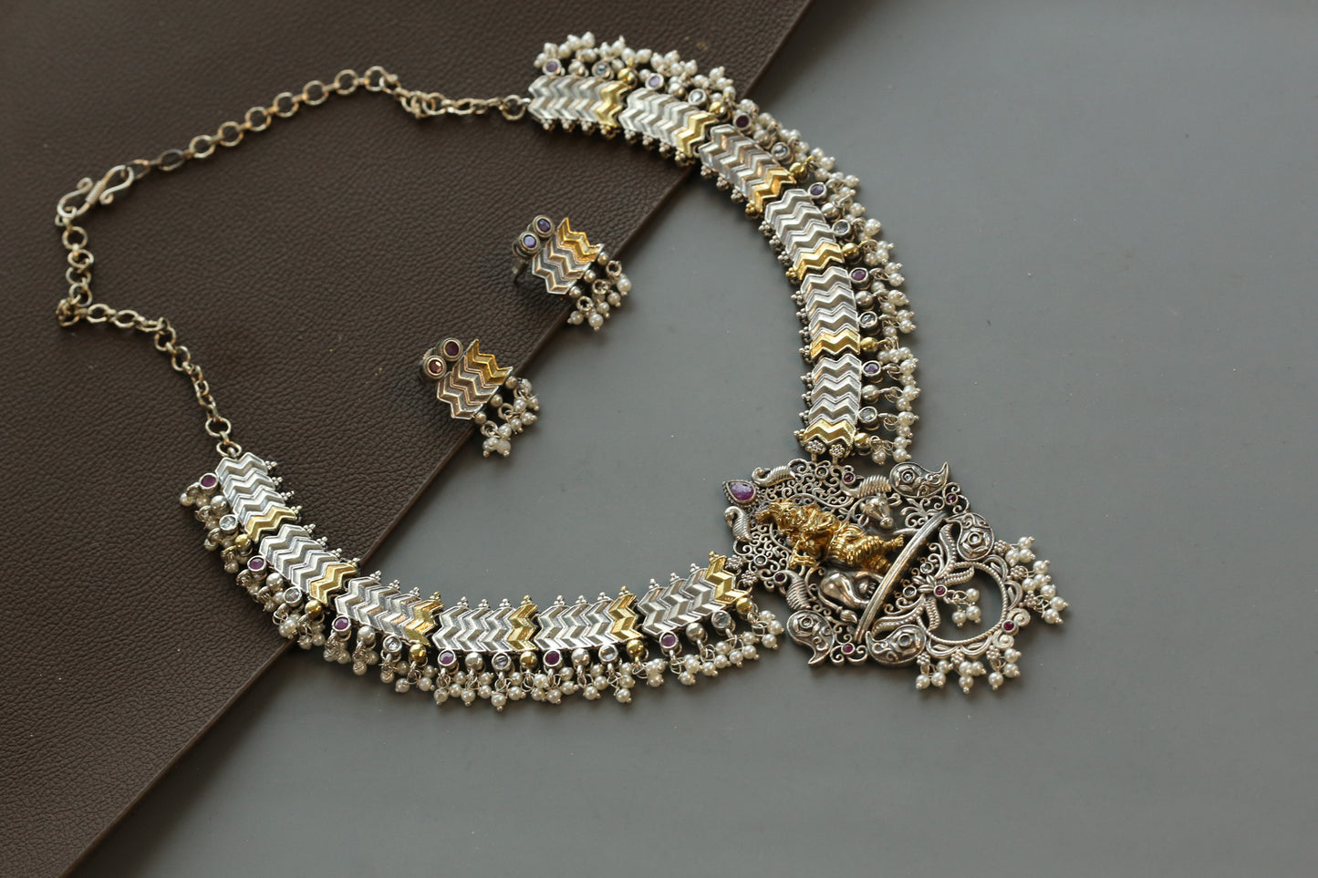 Shri Krishna Dual Tone Necklace Set - Ruby