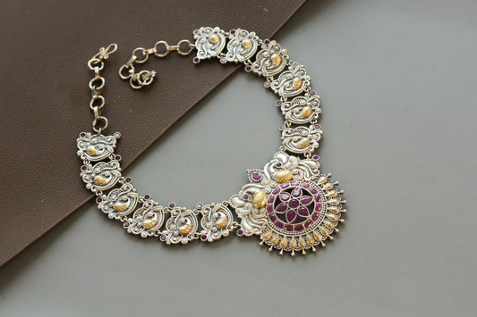 Aarya Silver Look Dual Tone Necklace - Ruby