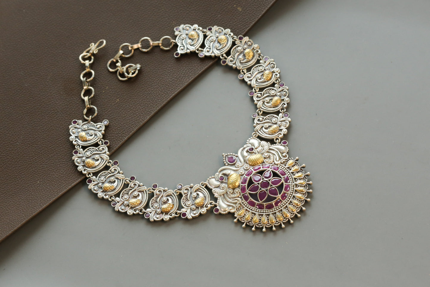 Aarya Silver Look Dual Tone Necklace - Ruby