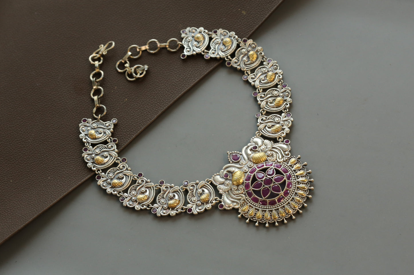 Aarya Silver Look Dual Tone Necklace - Ruby