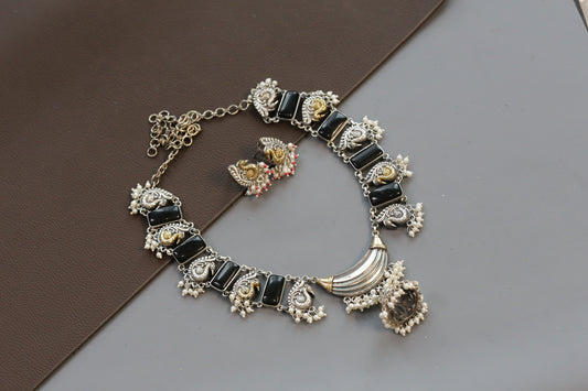 Saira Dual Tone Necklace Set - Black