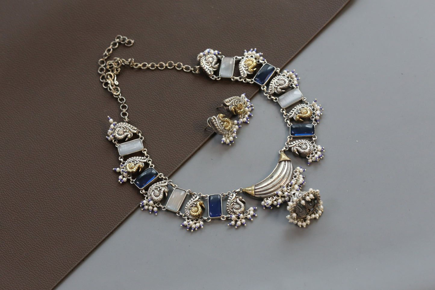 Saira Dual Tone Necklace Set - Blue Gray