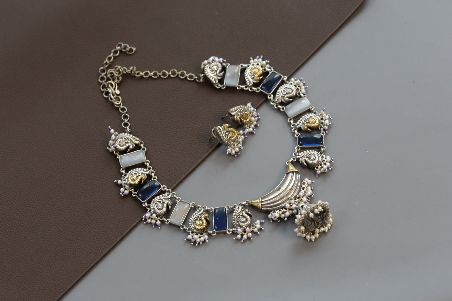 Saira Dual Tone Necklace Set - Blue Gray