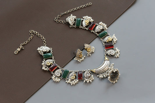 Saira Dual Tone Necklace Set - Green Red