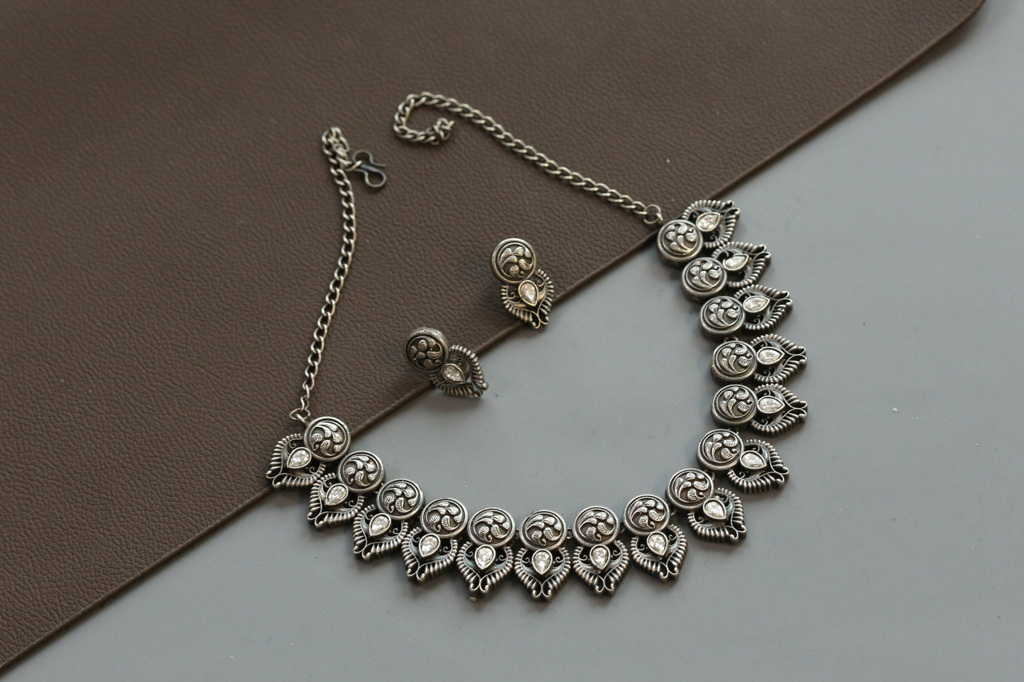 Nakshi Oxidized Necklace Set - Clear