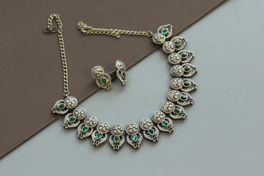 Nakshi Oxidized Necklace Set - Green