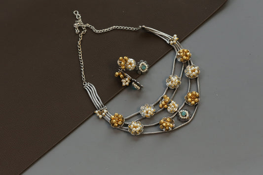 Fusion  Layered Dua Tone Necklace Set - Mint