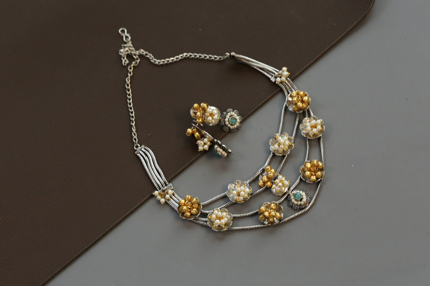 Fusion  Layered Dua Tone Necklace Set - Mint