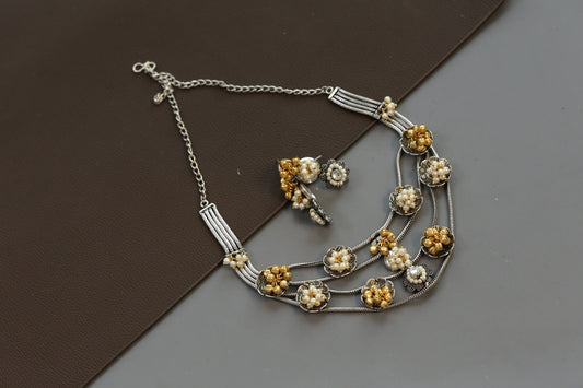Fusion  Layered Dua Tone Necklace Set - Clear