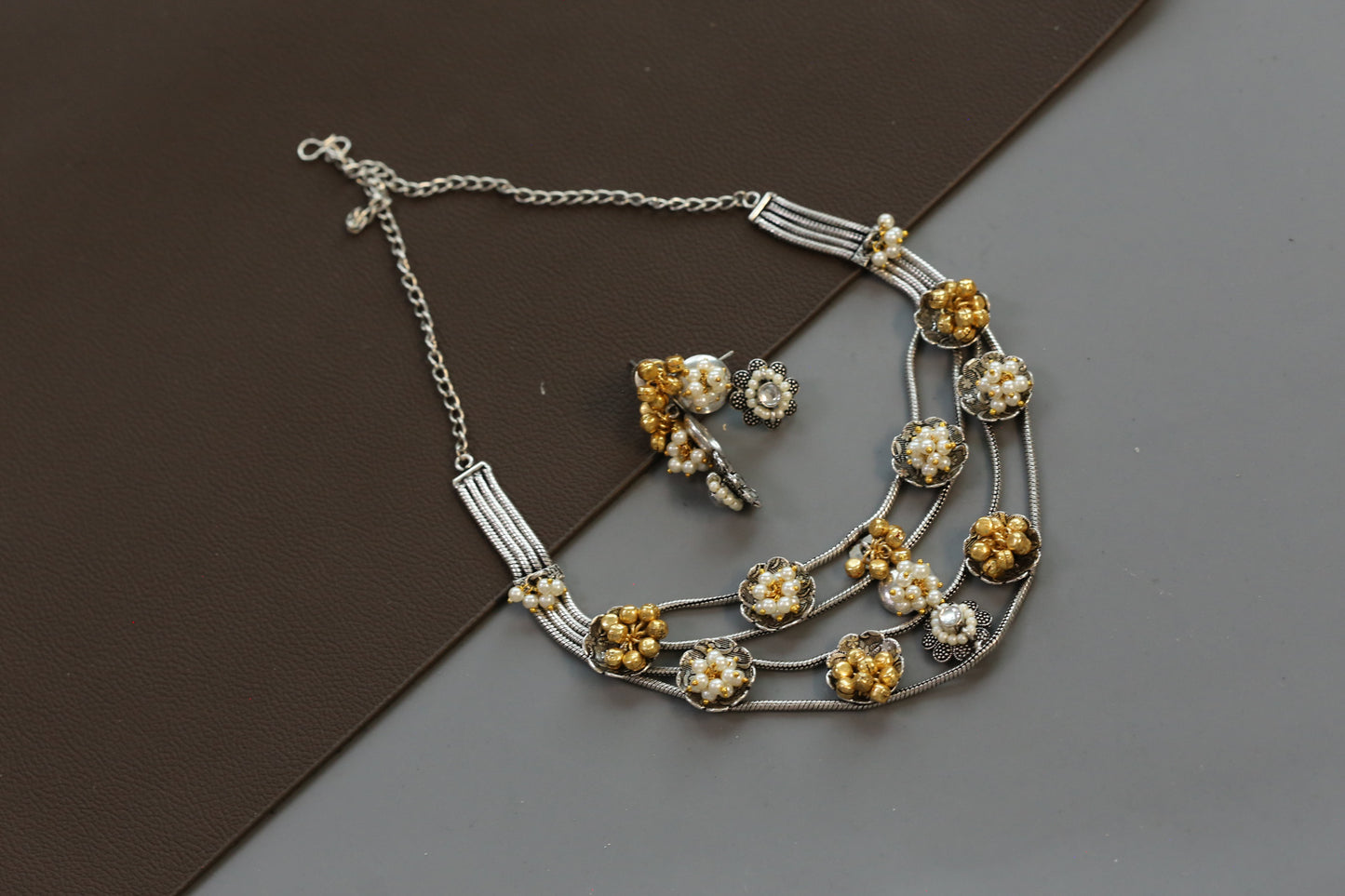 Fusion  Layered Dua Tone Necklace Set - Clear