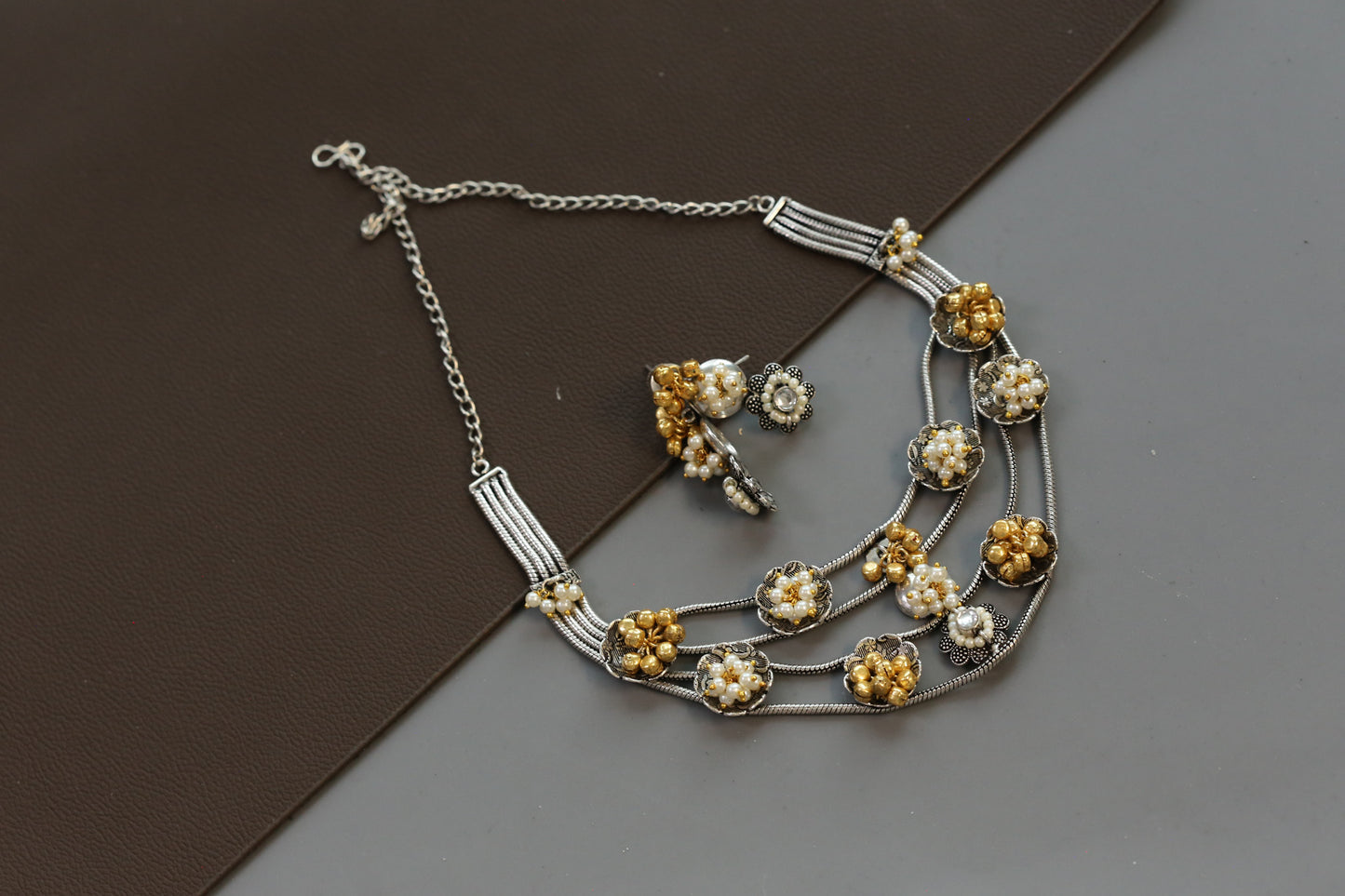 Fusion  Layered Dua Tone Necklace Set - Clear