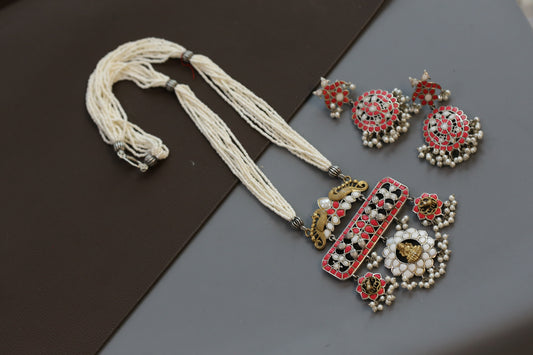 Jadau Inlay Dual Tone Pendant Necklace Set  - Coral