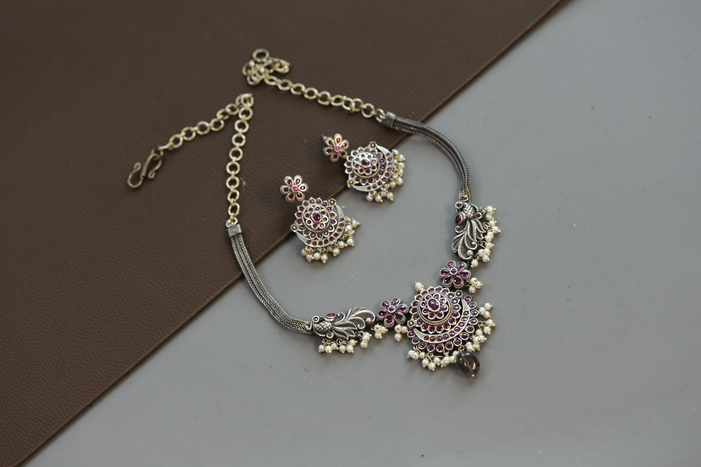 Madhu Oxidized  Kemp Necklace Set - Ruby