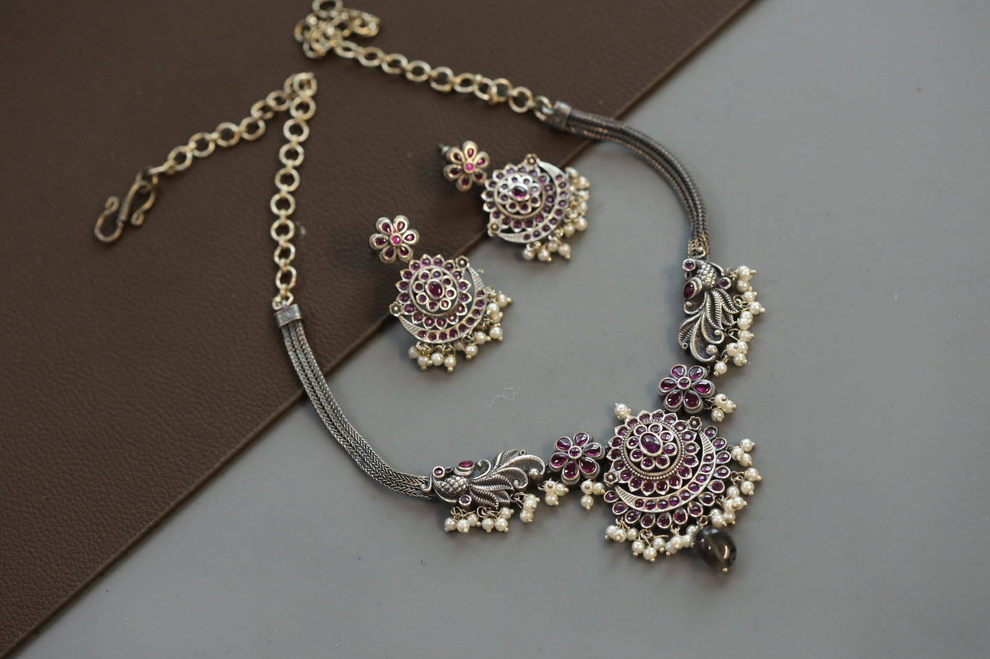 Madhu Oxidized  Kemp Necklace Set - Ruby