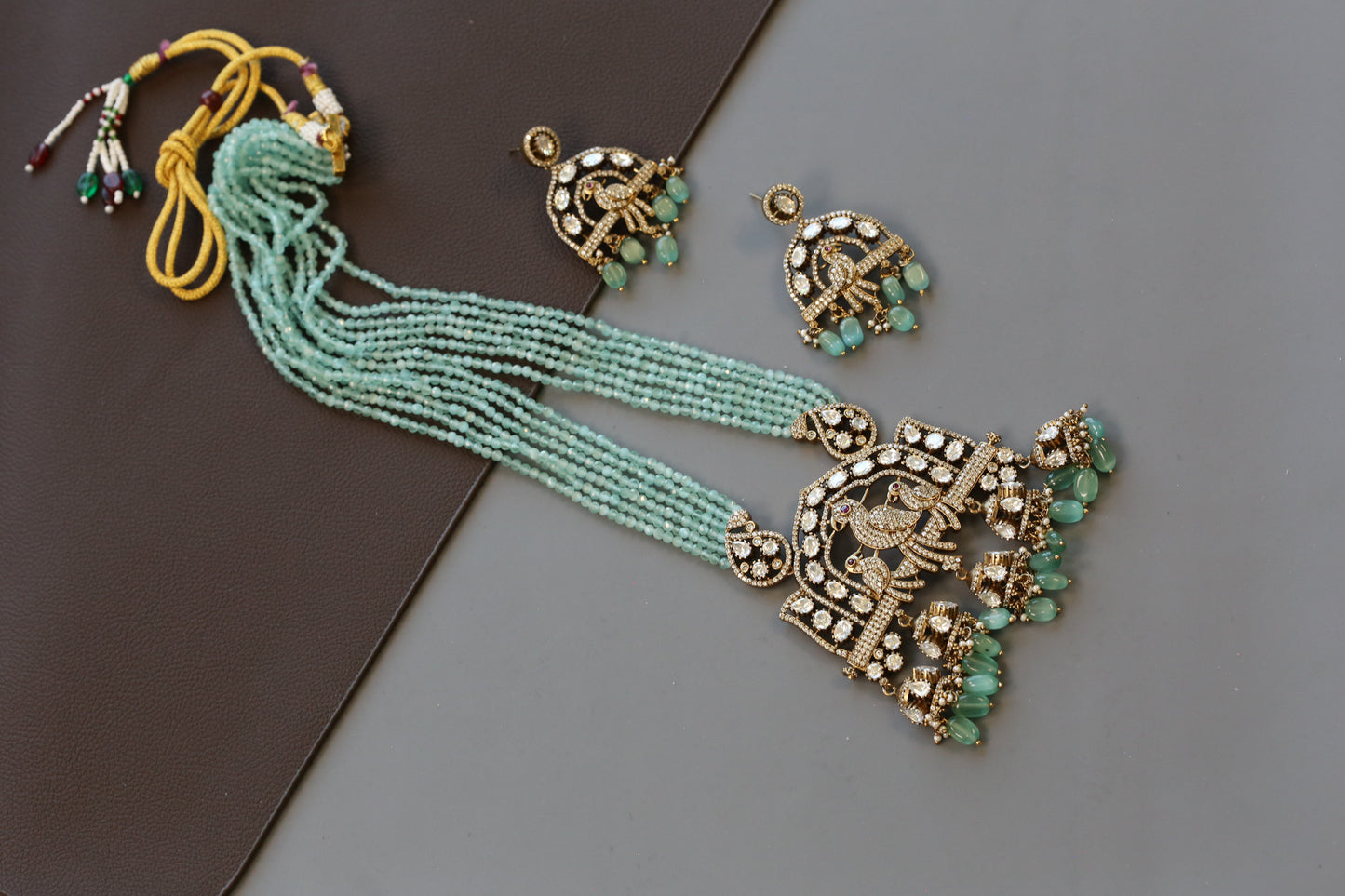 Long Mehndi Polish Necklace Set - Mint