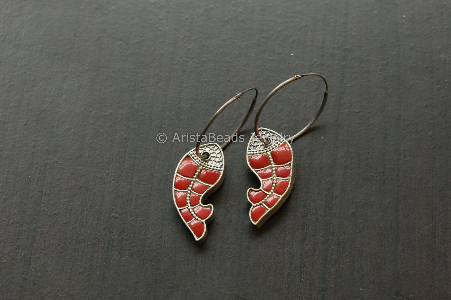 Jadau Fish Hoop Earrings - Coral